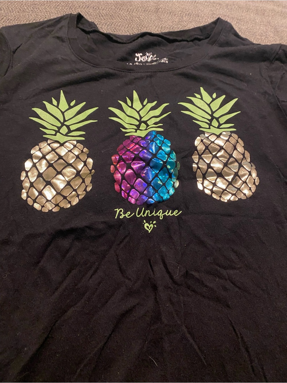 Children’s Justice Black Tee with Metallic Gold & Rainbow Pineapple Graphic